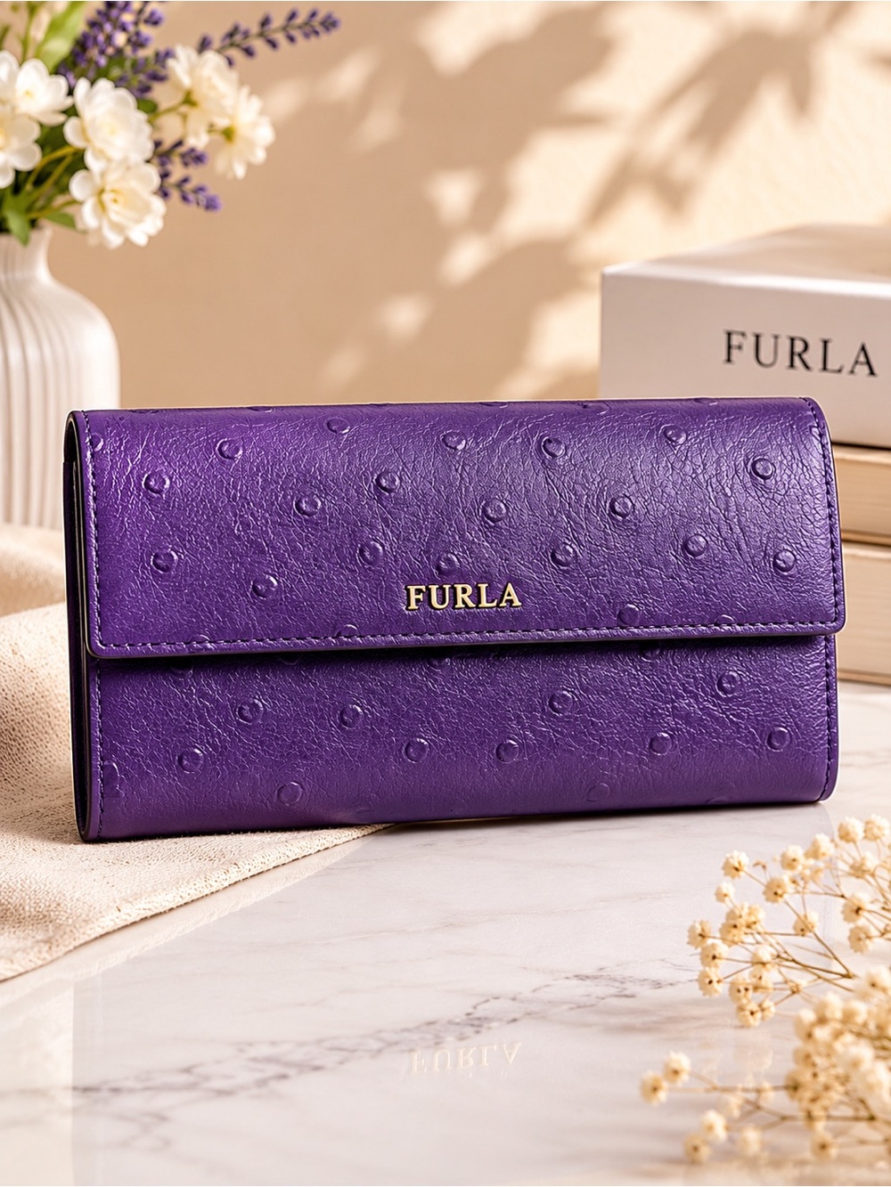 Furla Purple Leather Wallet Embossed Long Flap Continental clutch